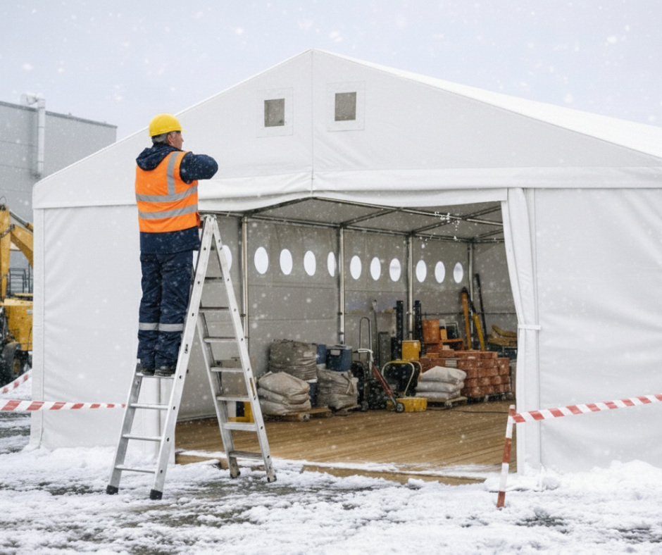Usuwanie śniegu z dachu całorocznego namiotu magazynowego