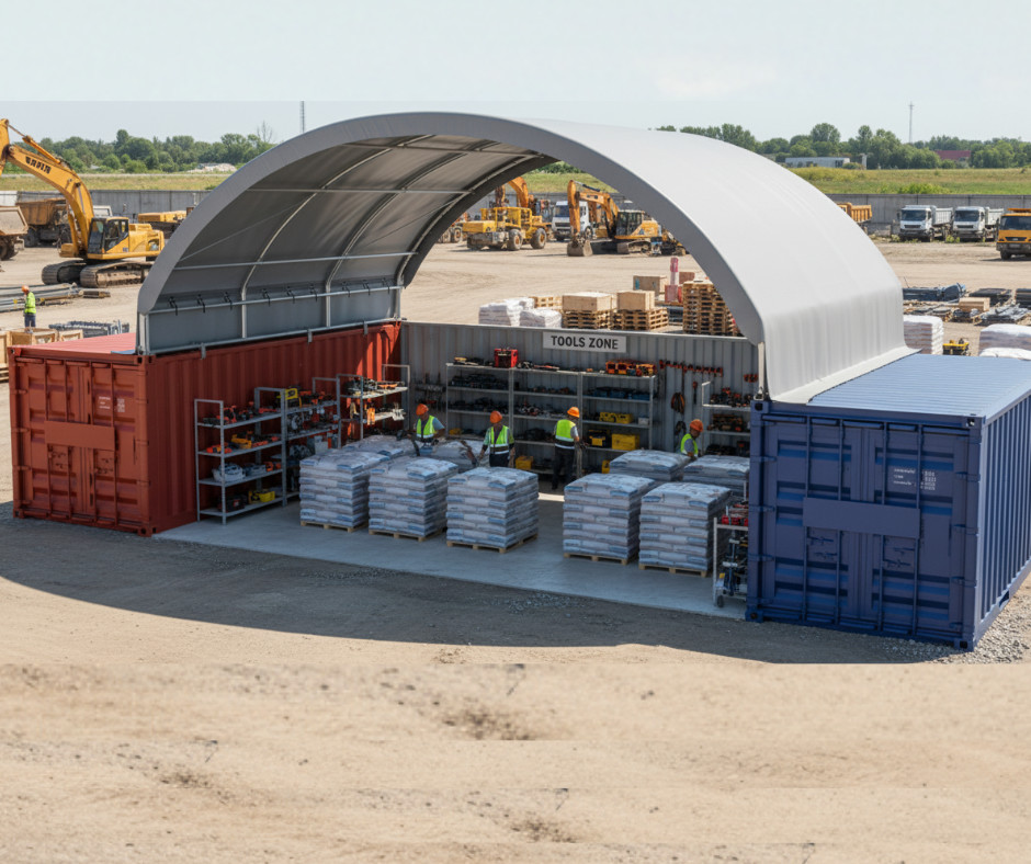 Duży namiot kontenerowy na materiały budowlane