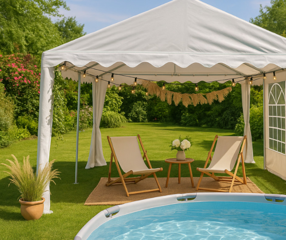 Strefa relaksu przy basenie z namiotem ogrodowym