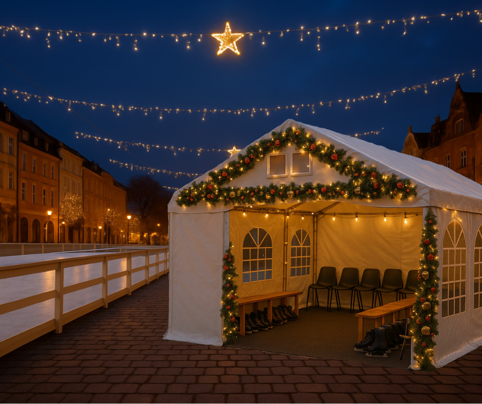 Lodowisko i strefa grzanych napojów – namiot eventowy jako serce zimowej atrakcji