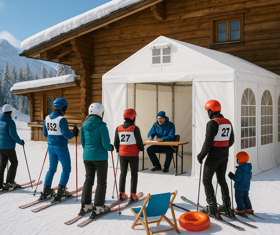 Namiot wystawowy na zimowych zawodach sportowych